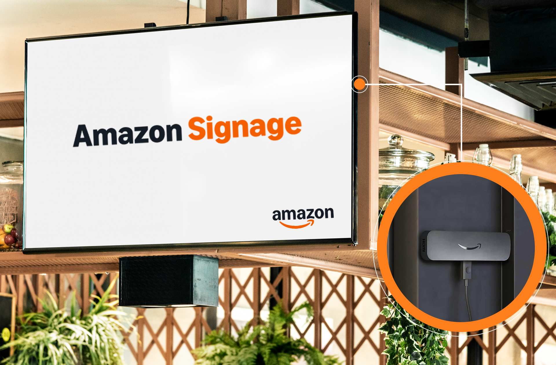 Amazon Signage Stick plugged into a commercial display in a restaurant environment