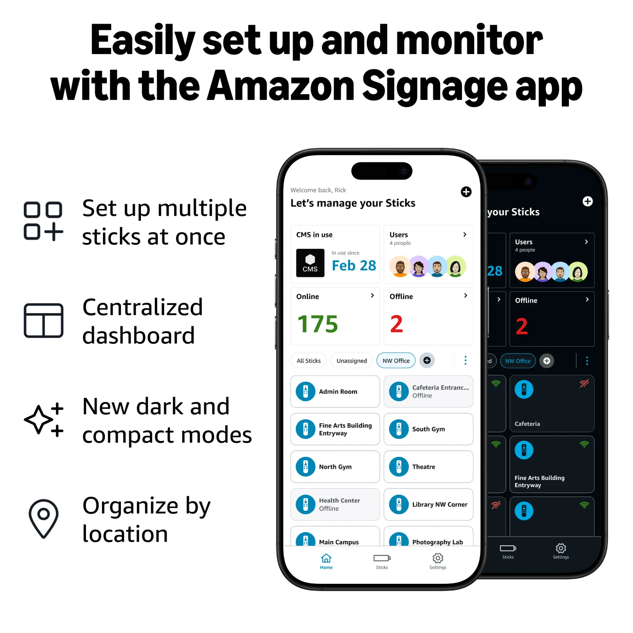 Amazon Signage app centralized dashboard for managing multiple Signage Sticks