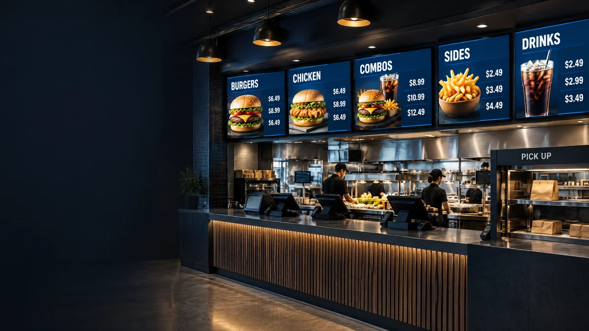 Quick-service restaurant counter with digital menu boards showing food photos, menu categories, and prices