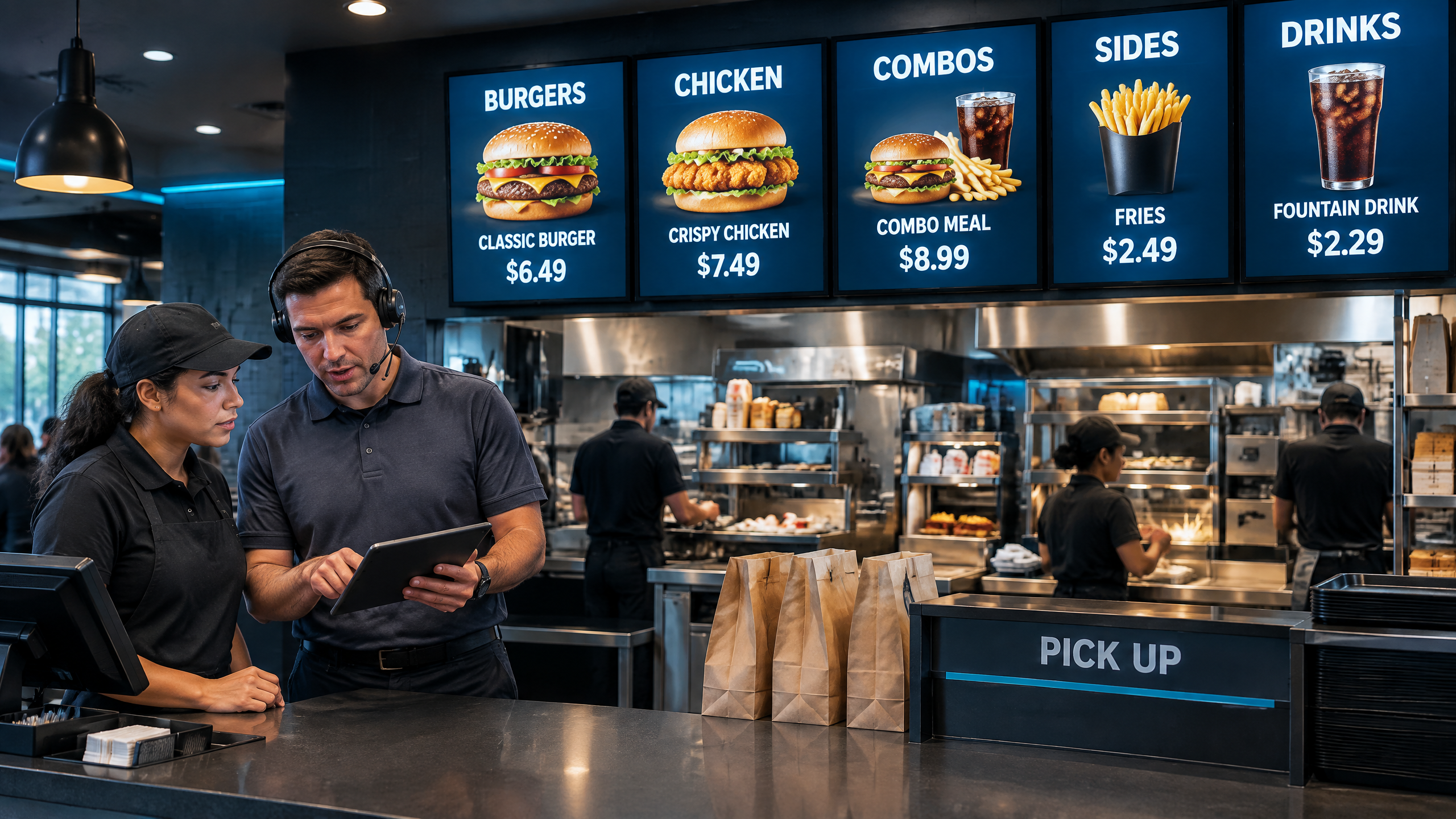 Quick-service restaurant shift team reviewing a tablet below digital menu boards with food photos, menu items, and prices