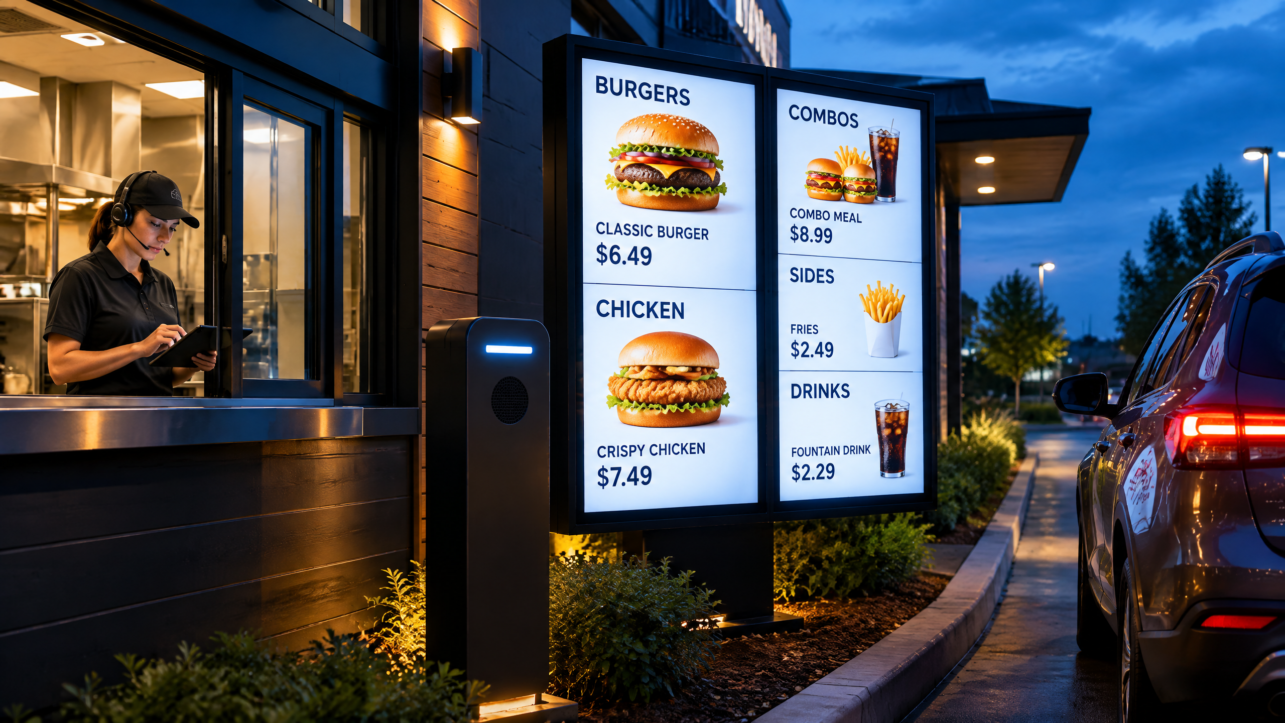 Quick-service restaurant shift manager checking a tablet at the drive-thru window beside outdoor menu boards showing food photos, menu items, and prices