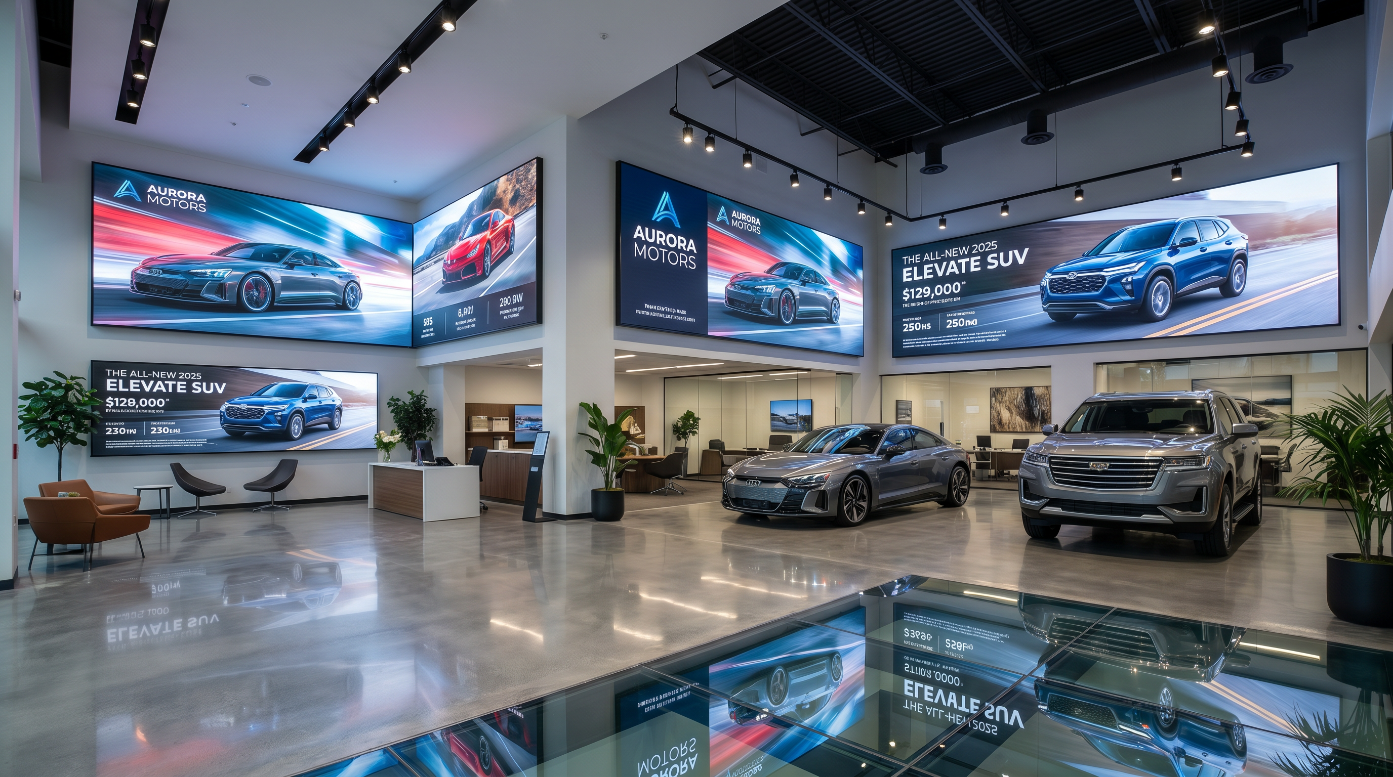 Modern auto dealership showroom with digital signage displays