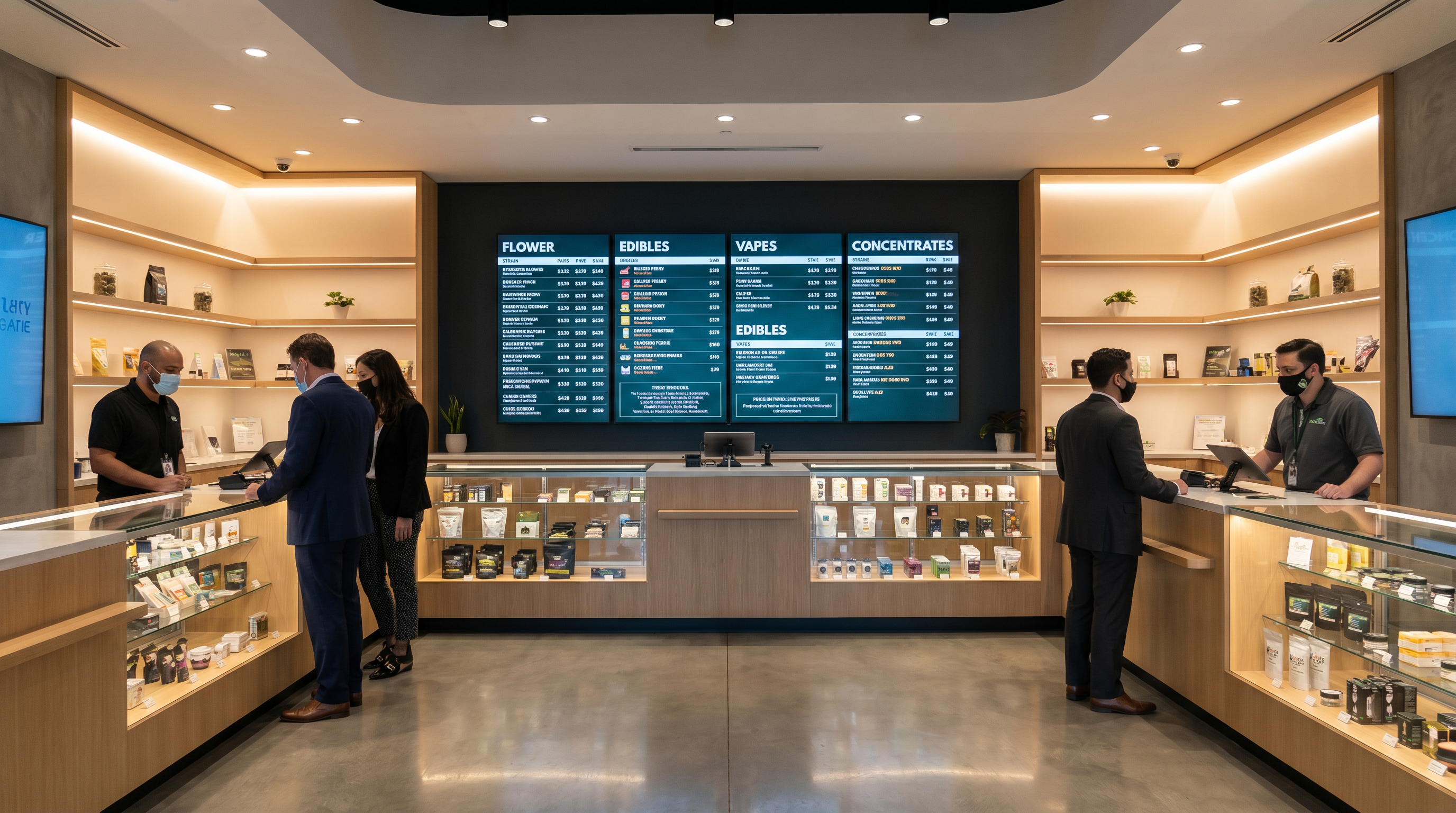 Modern cannabis dispensary interior with digital menu boards