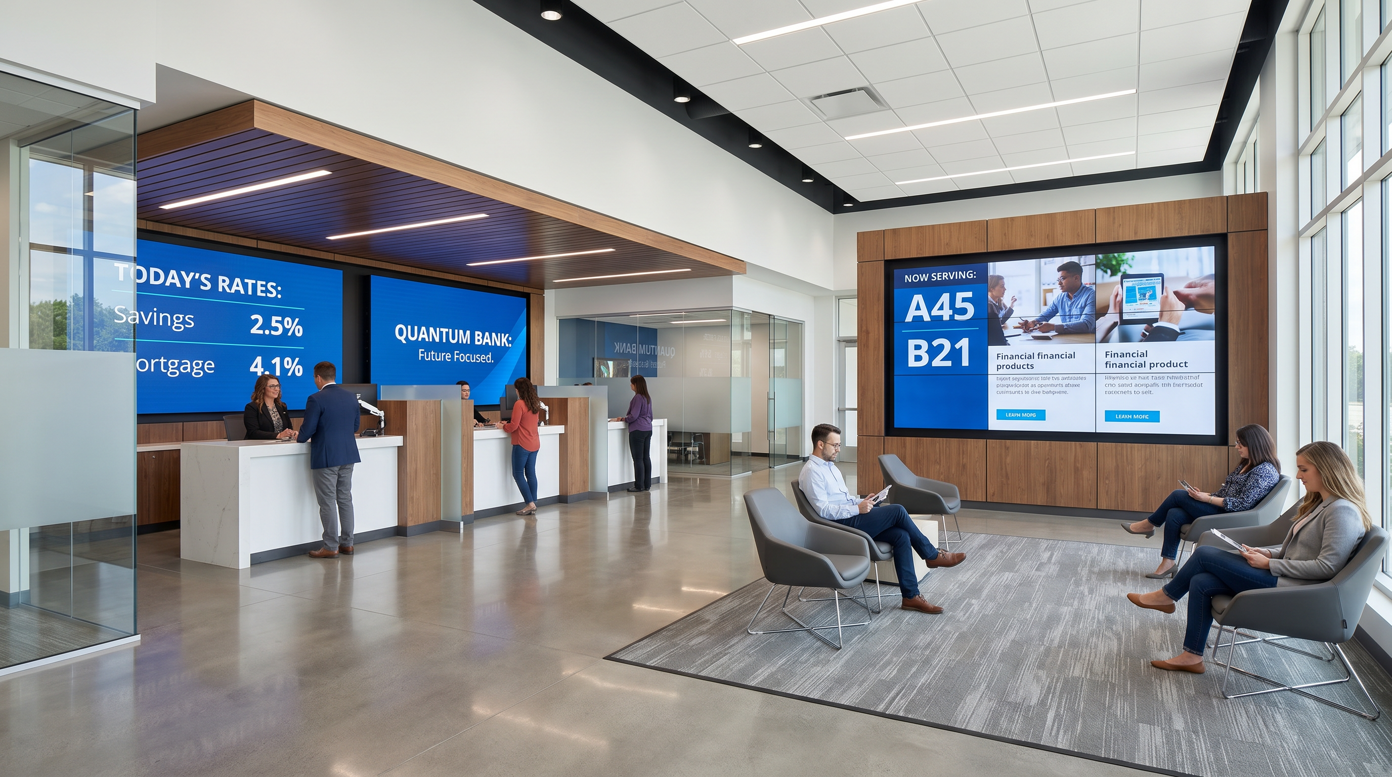Digital signage in a bank branch lobby